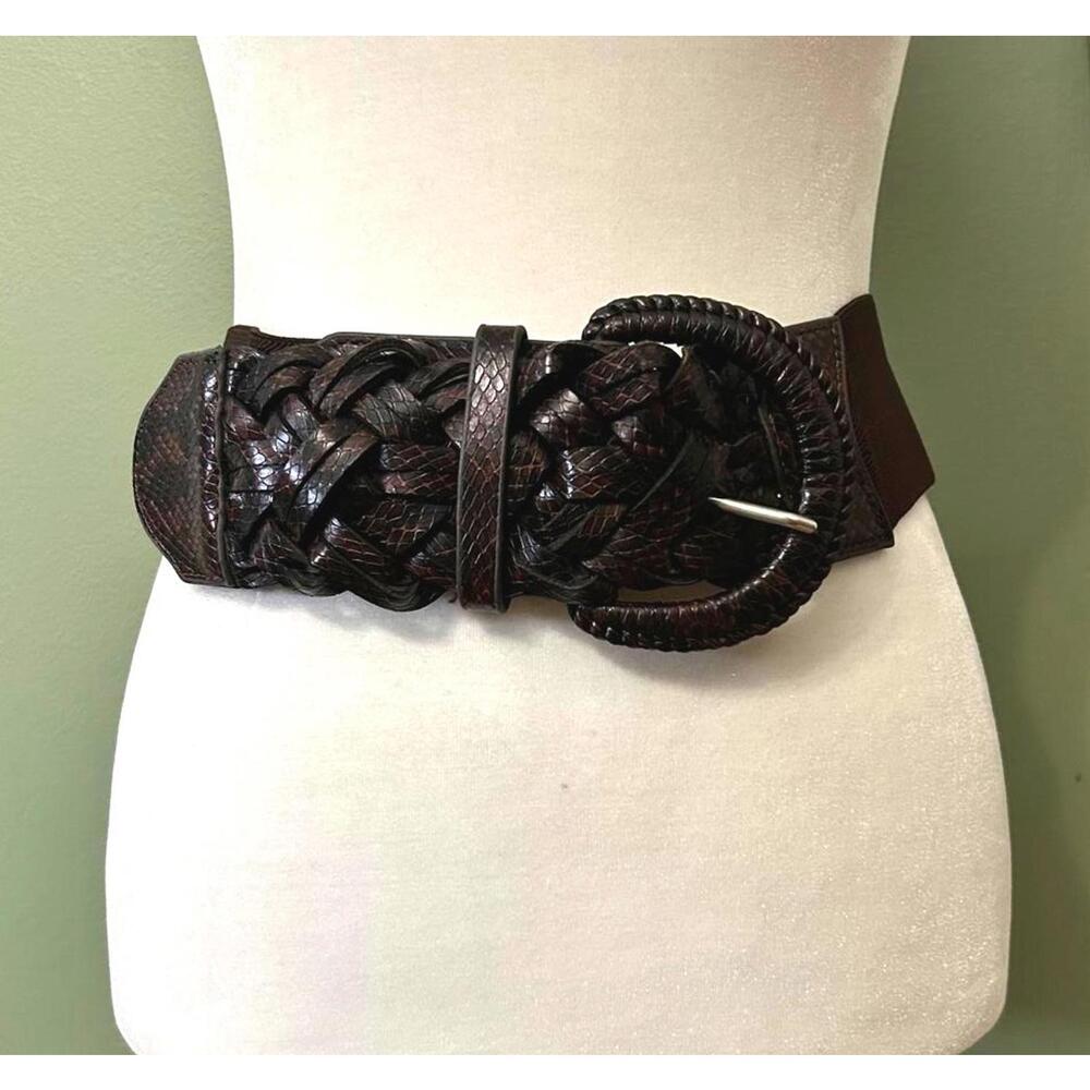 Chicos Wide Braided Leather Stretch Belt Dark Brown Waist Cinch Belt